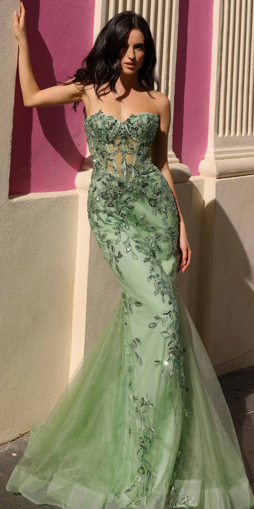 Nox Anabel G1258 Strapless Lace Applique Corset Bodice Mermaid Gown - Glamourous Grace