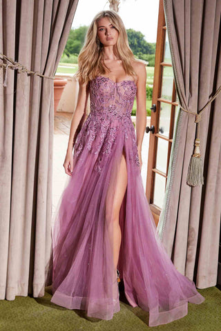 Nox Anabel G1371 Long A-Line Tulle Dress With A Sweetheart Top Sequin Applique