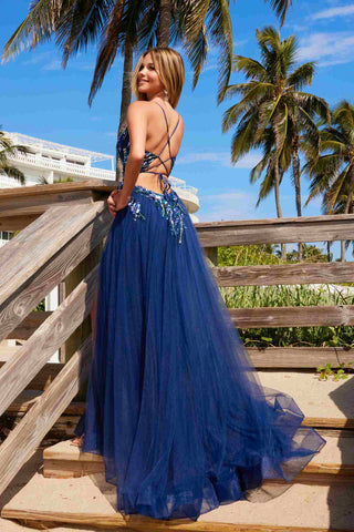 Nox Anabel G1649 Lace-Up Deep V-Neck A-line Dress with Sequin Applique