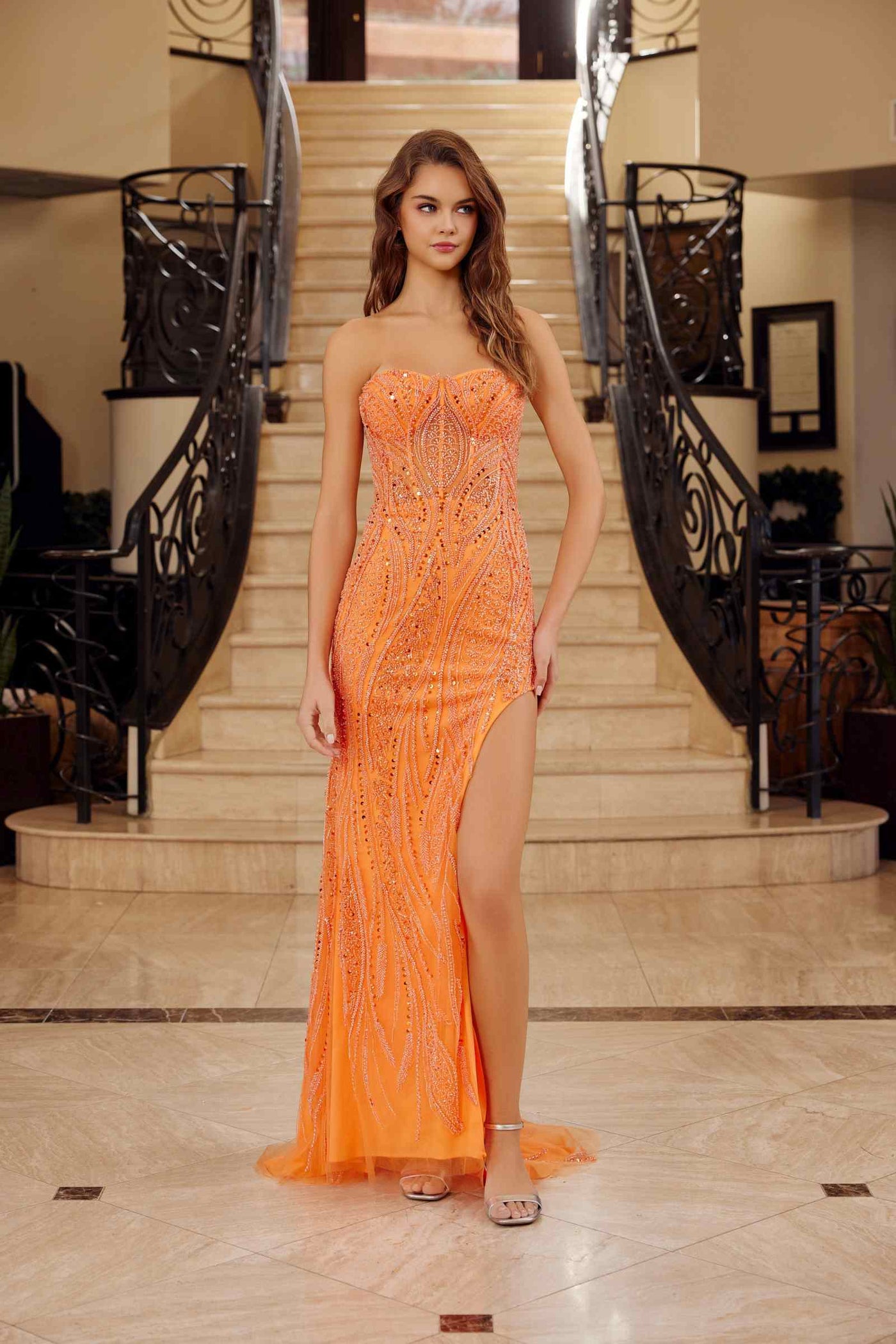 Nox Anabel G1650 Strapless Dress With A Semi-Sweetheart Top Embroidery - Slit - Glamourous Grace