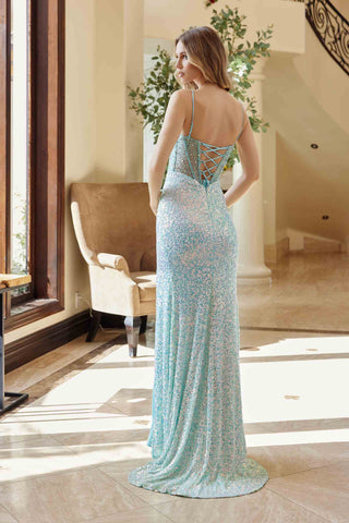 Nox Anabel G1656 Lace-Up Sequin Sheer Boned Waistline Dress with Slit
