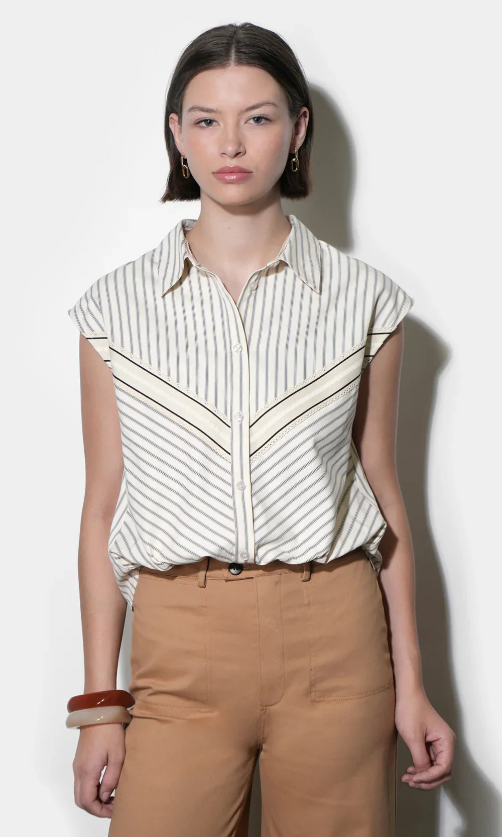 Everly Dolman Stripe Cream Shirt Elastic Hem