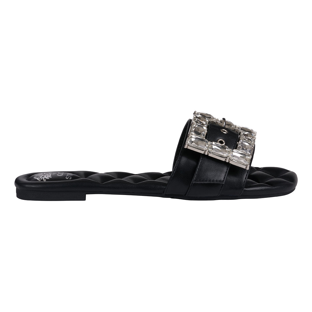 Women's Bianca Black Rhinestone Buckle Flat Sandals - Glamourous Grace