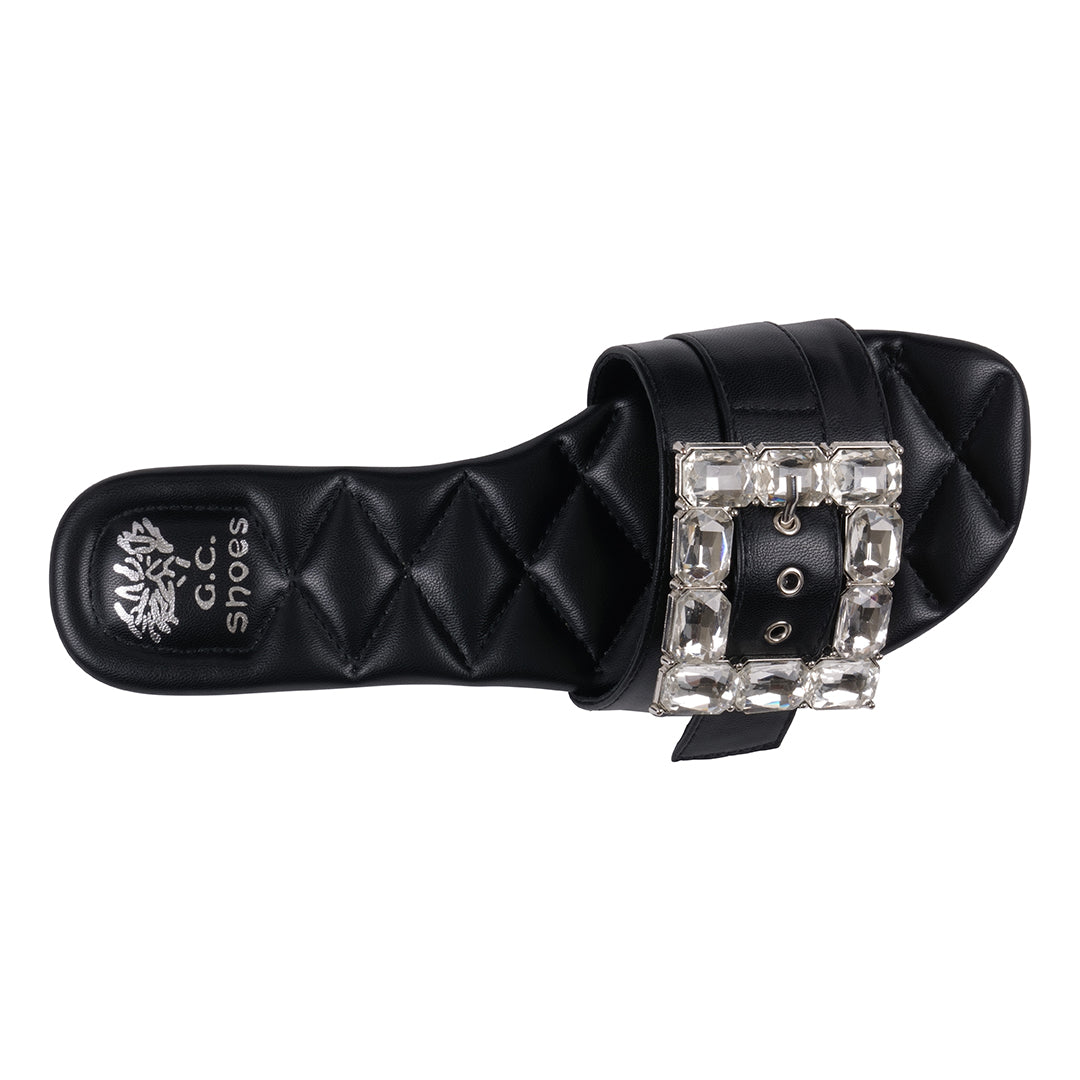 Women's Bianca Black Rhinestone Buckle Flat Sandals - Glamourous Grace