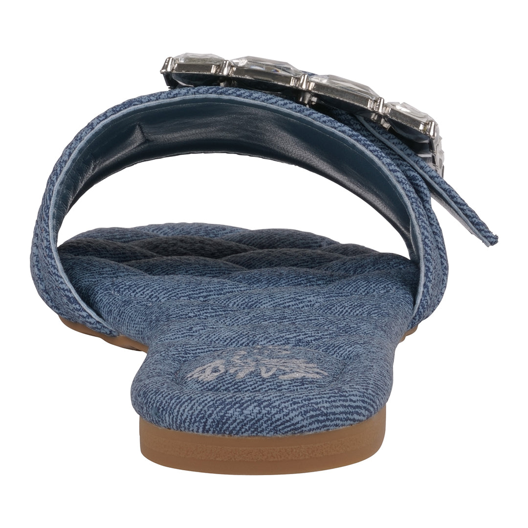 Women's Bianca Denim Rhinestone Buckle Flat Sandals - Glamourous Grace