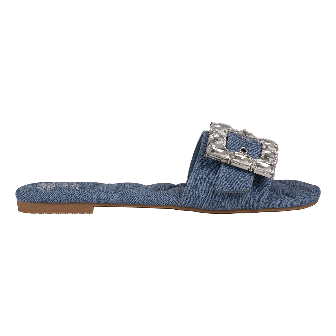 Women's Bianca Denim Rhinestone Buckle Flat Sandals - Glamourous Grace