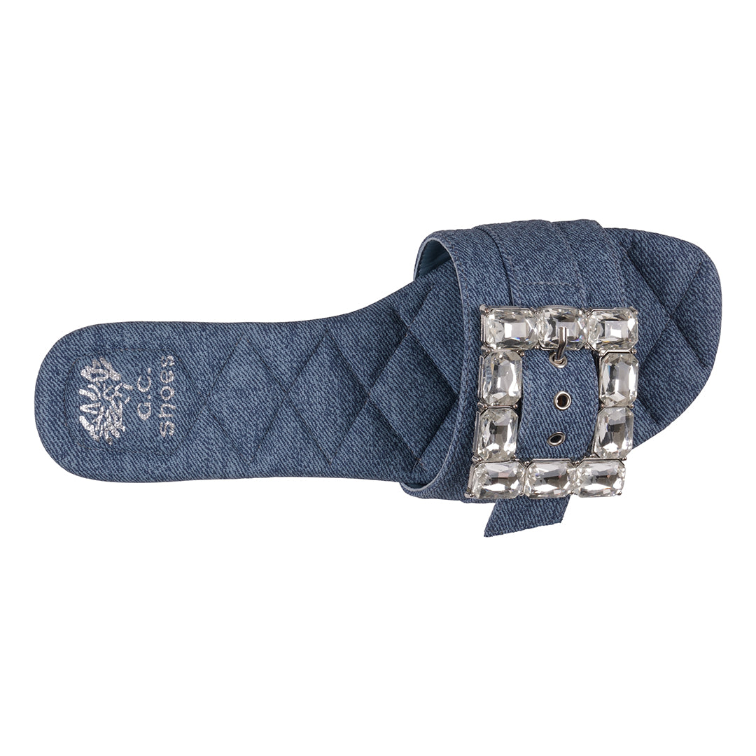 Women's Bianca Denim Rhinestone Buckle Flat Sandals - Glamourous Grace