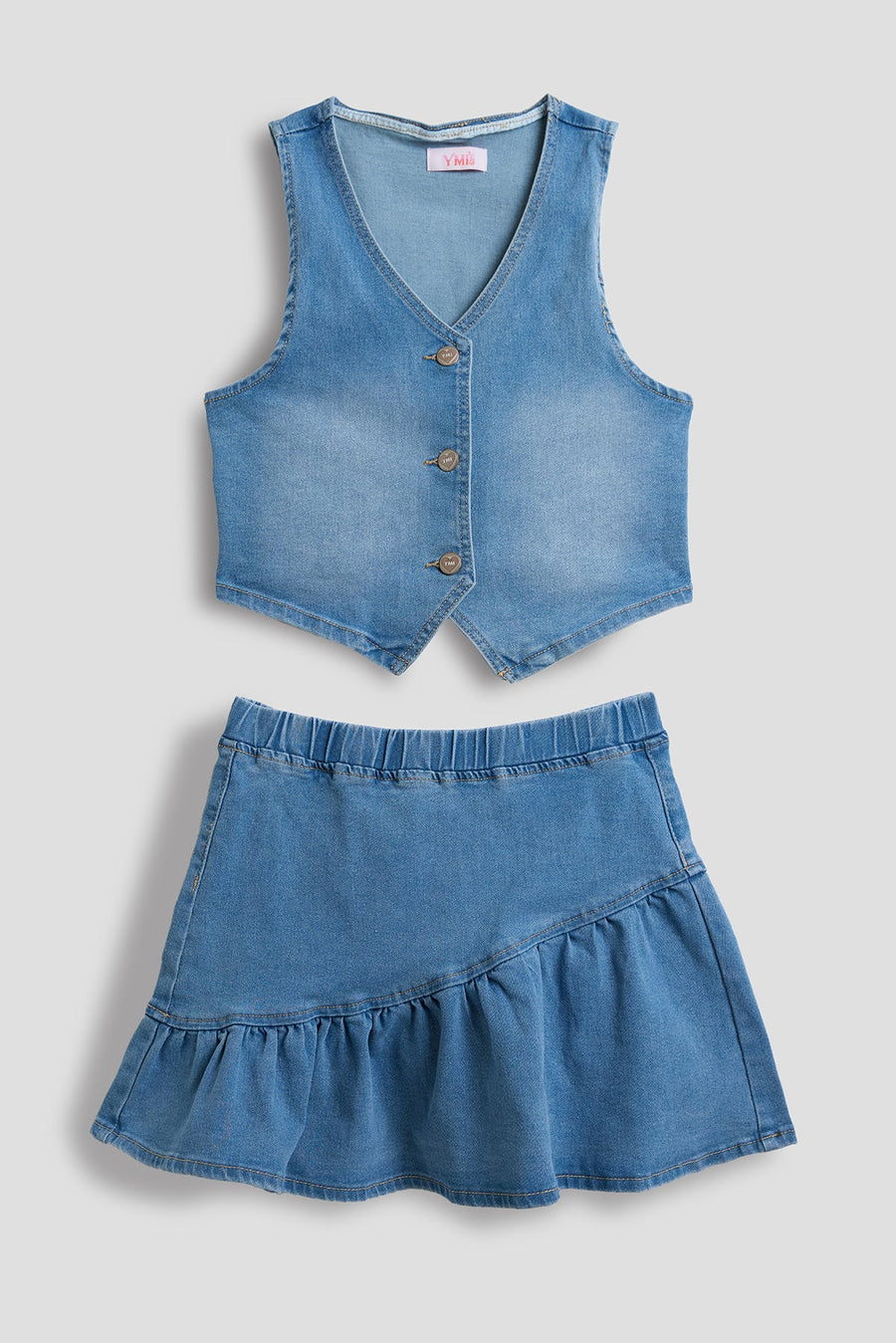 Girls Denim Vest & Ruffle Skirt Set - Glamourous Grace
