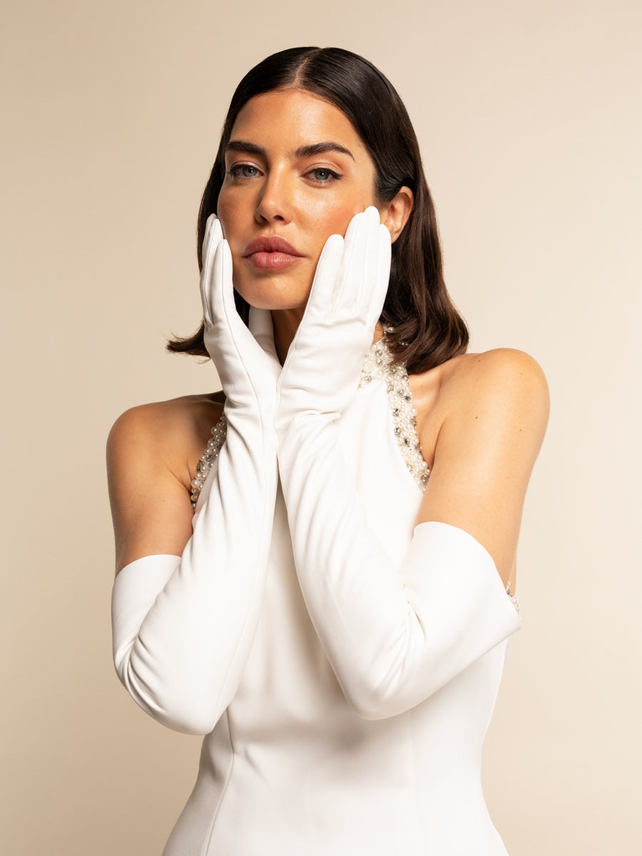 Gabriella (white) - Italian unlined 16-button length leather bridal / opera gloves - Glamourous Grace