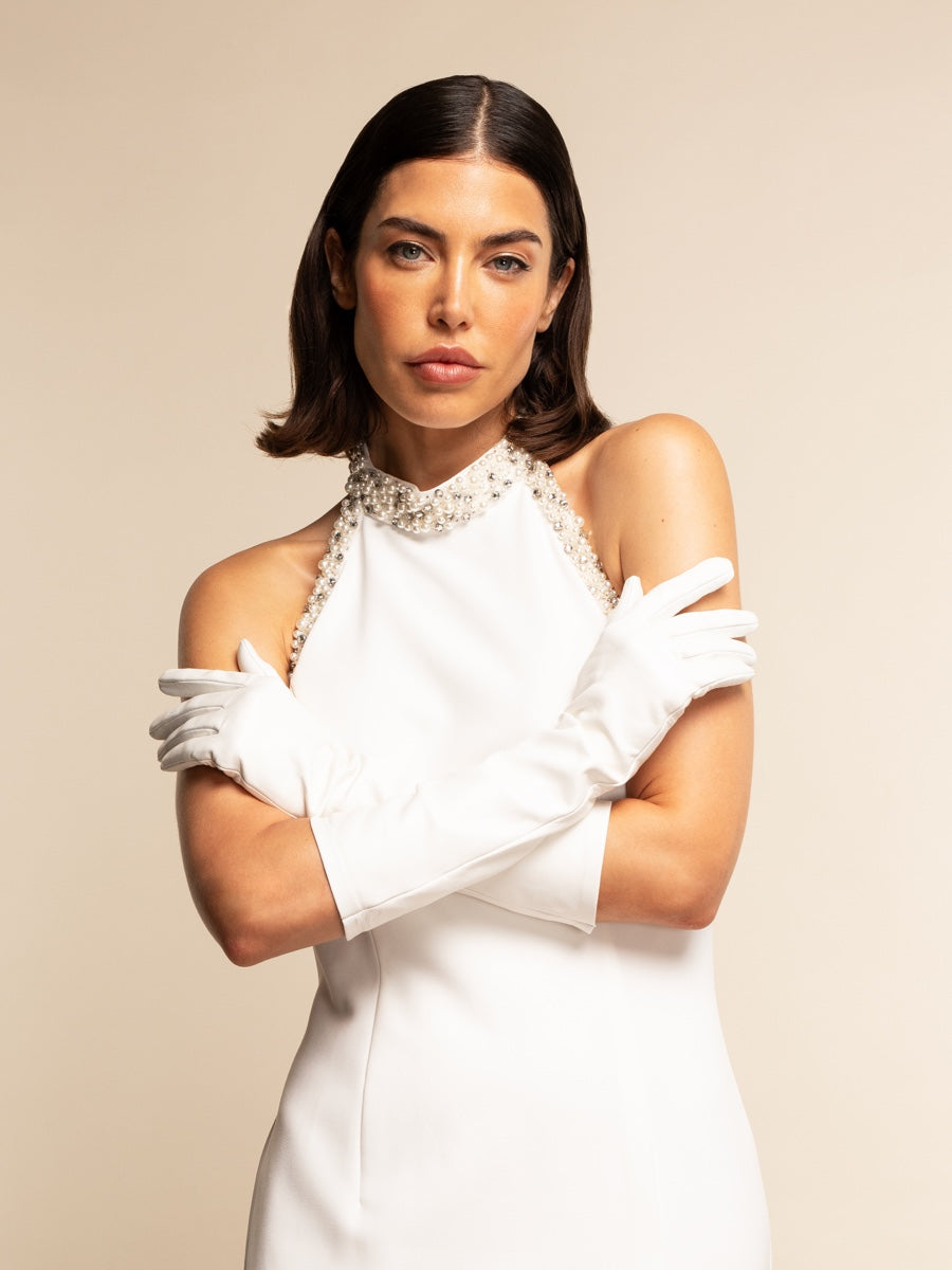 Gabriella (white) - Italian unlined 8-button length leather bridal / opera gloves - Glamourous Grace