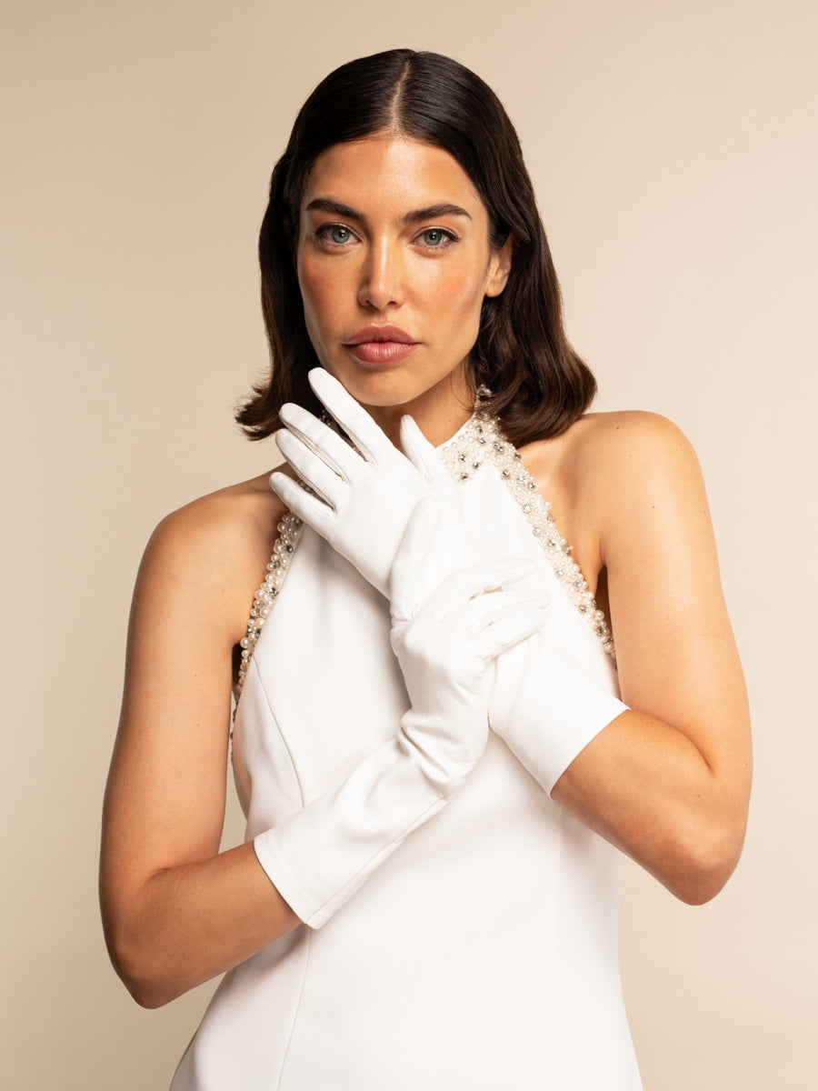 Gabriella (white) - Italian unlined 6-button length leather bridal / opera gloves - Glamourous Grace