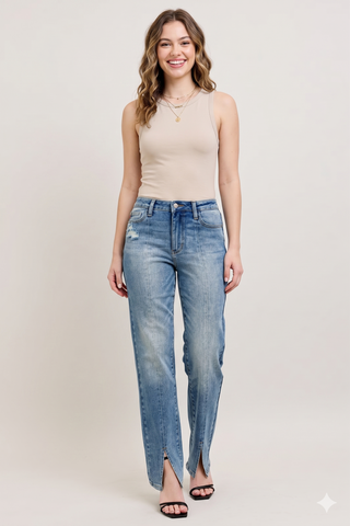 Judy Blue High Waist Vintage Wash Front Seam Slit Straight Leg Denim Jeans