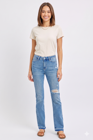 Judy Blue Mid Rise Destroyed Hem Distressed Blue Denim Jeans