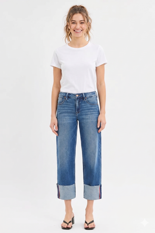 RISEN Tummy Control Mid Rise Crop Wide Cuffed Jeans