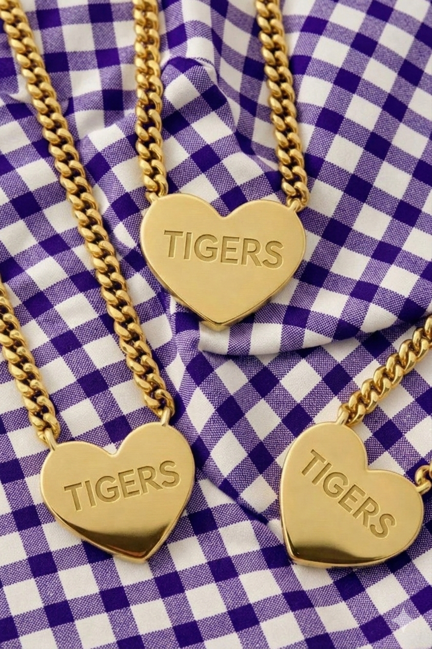 SC - ETA 8/24-9/7 Tigers Engraved Gold Heart Necklace - Glamourous Grace