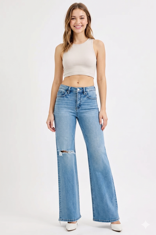 RISEN Distressed Wide Leg Jeans
