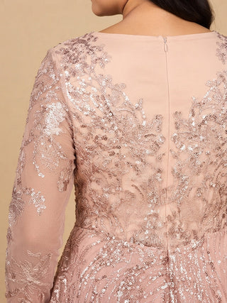 Long Sleeve Gown with Overskirt & Illusion Neckline