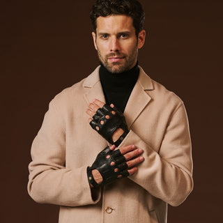 Giuseppe (black) - Italian lambskin fingerless leather driving gloves - Glamourous Grace