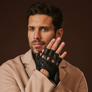 Giuseppe (black) - Italian lambskin fingerless leather driving gloves - Glamourous Grace