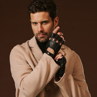 Giuseppe (black) - Italian lambskin fingerless leather driving gloves - Glamourous Grace