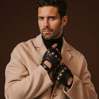 Giuseppe (black) - Italian lambskin fingerless leather driving gloves - Glamourous Grace