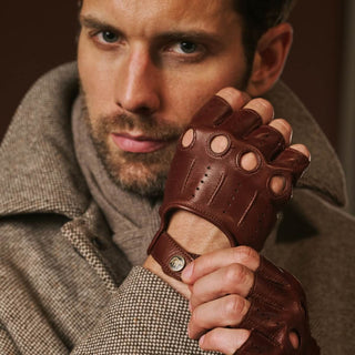 Giuseppe (brown) - Italian lambskin fingerless leather driving gloves - Glamourous Grace