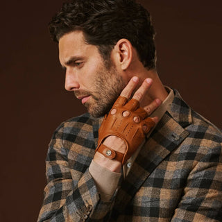 Giuseppe (cognac) - Italian lambskin fingerless leather driving gloves - Glamourous Grace