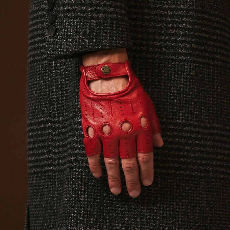Giuseppe (red) - Italian lambskin fingerless leather driving gloves - Glamourous Grace