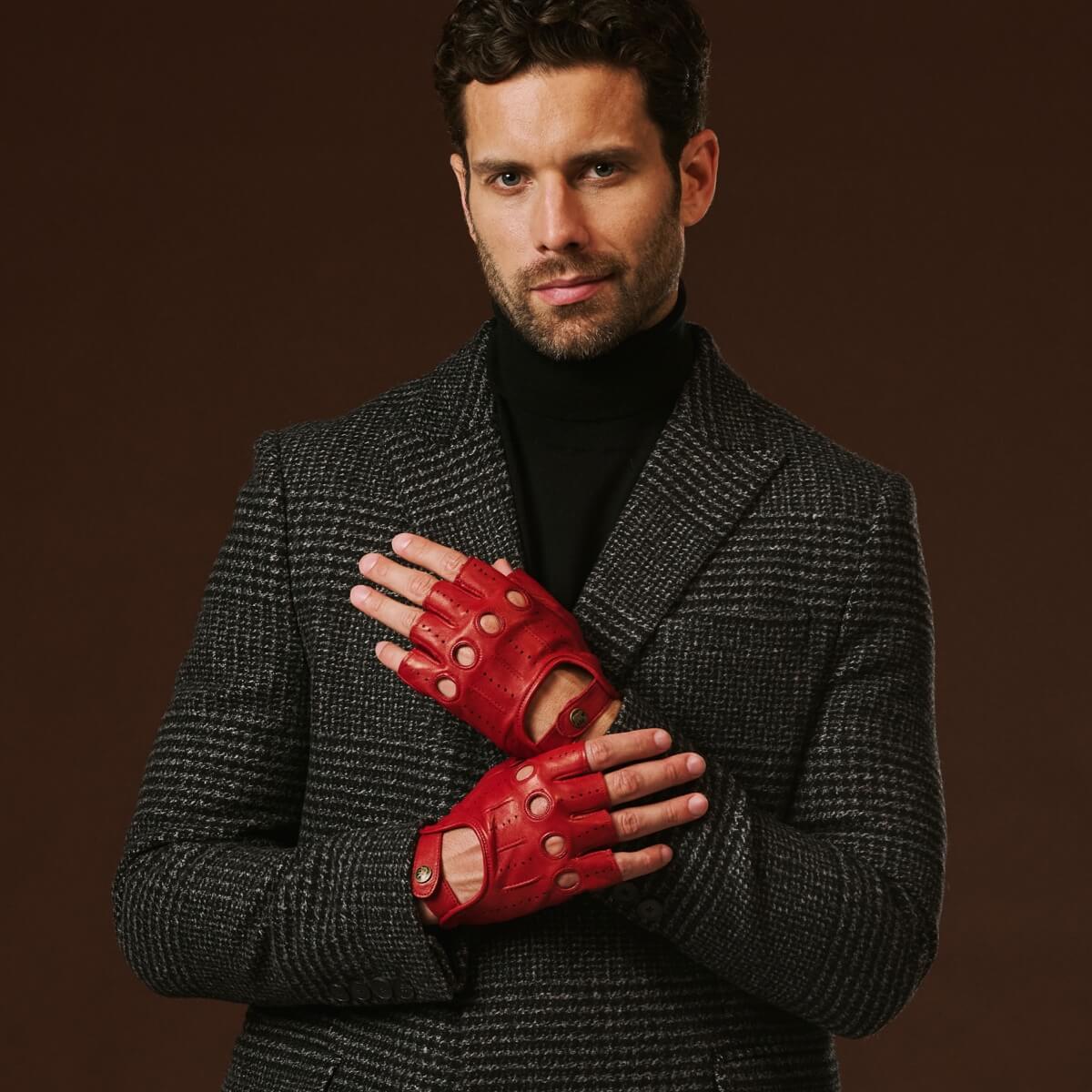 Giuseppe (red) - Italian lambskin fingerless leather driving gloves - Glamourous Grace