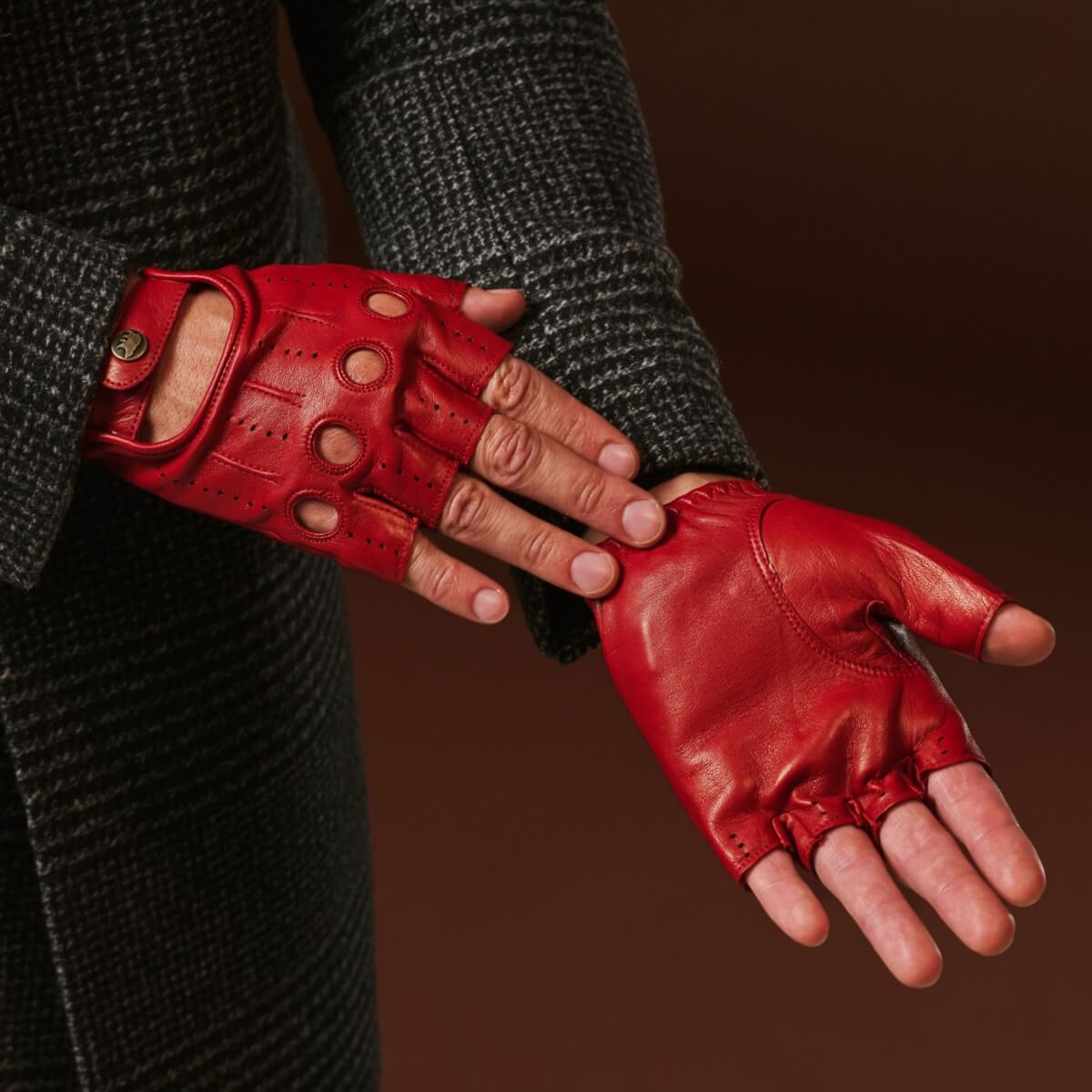 Giuseppe (red) - Italian lambskin fingerless leather driving gloves - Glamourous Grace
