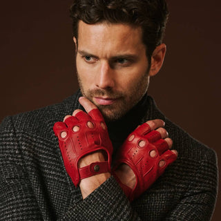 Giuseppe (red) - Italian lambskin fingerless leather driving gloves - Glamourous Grace