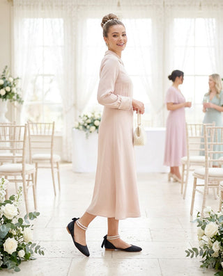 Satin Round Toe Evening Flat with Double Pearls Ankle Strap