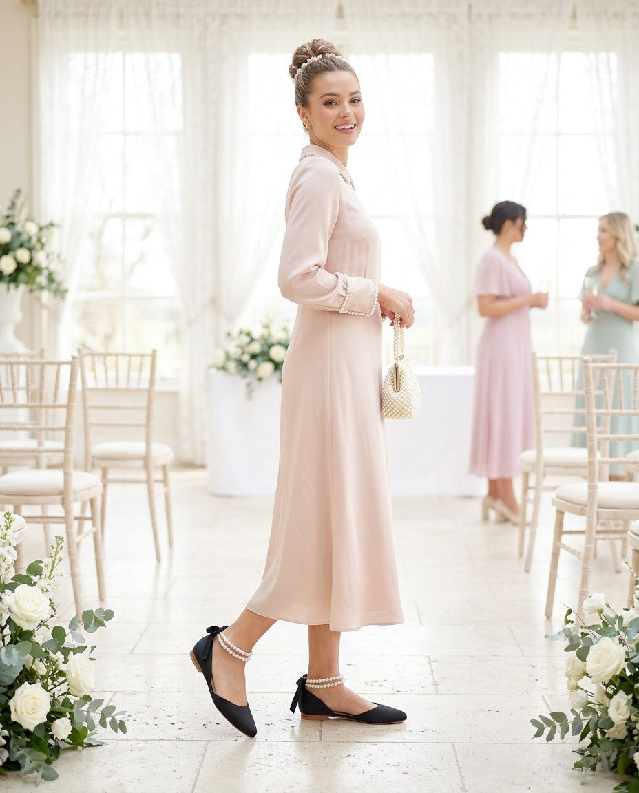 Satin Round Toe Evening Flat with Double Pearls Ankle Strap
