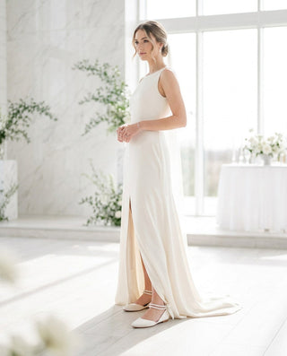 Satin Round Toe Wedding Flat with Double Pearls Ankle Strap