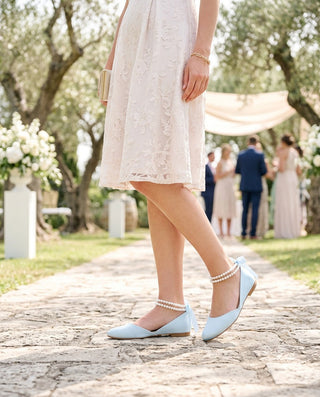 Satin Round Toe Wedding Flat with Double Pearls Ankle Strap