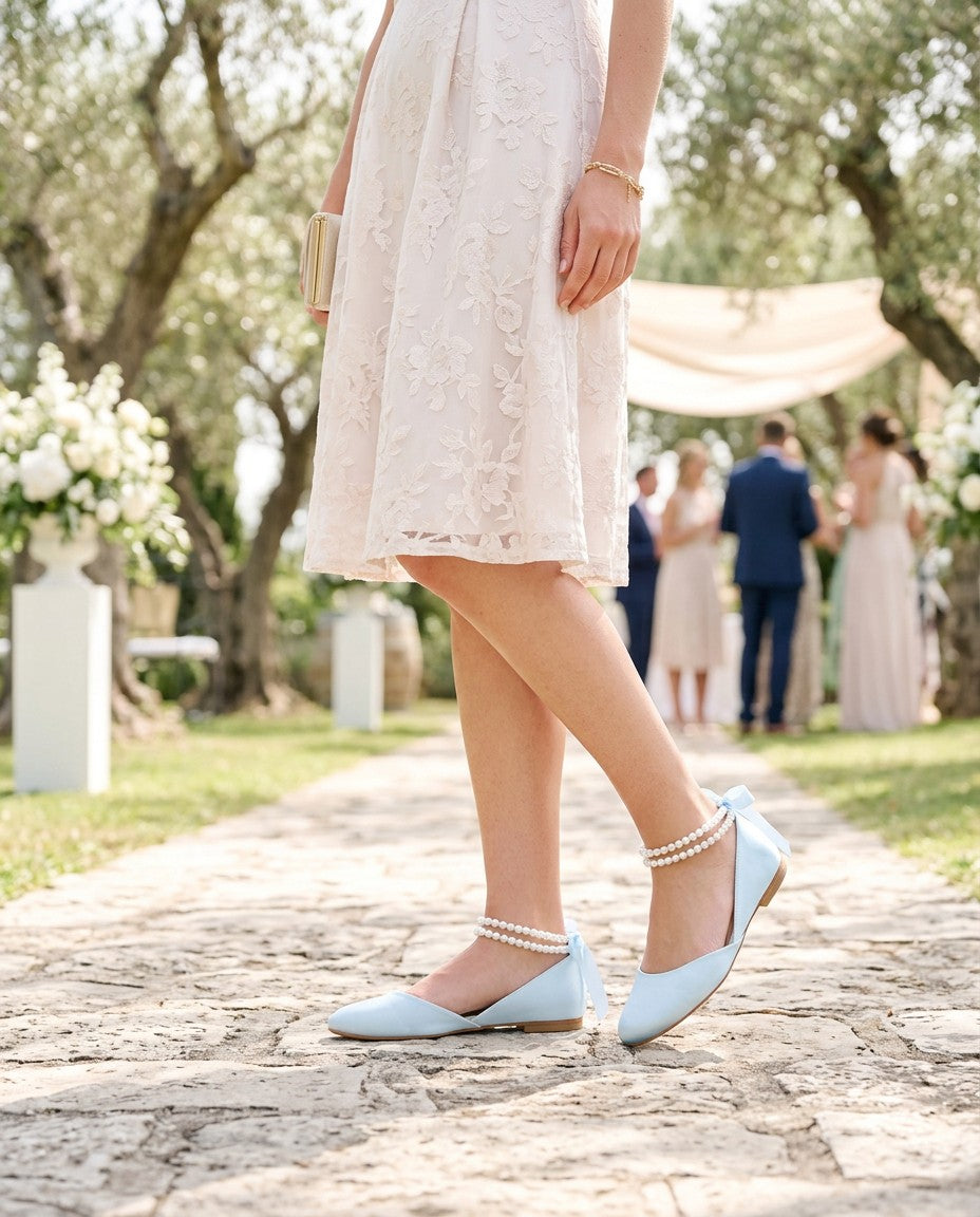 Satin Round Toe Wedding Flat with Double Pearls Ankle Strap