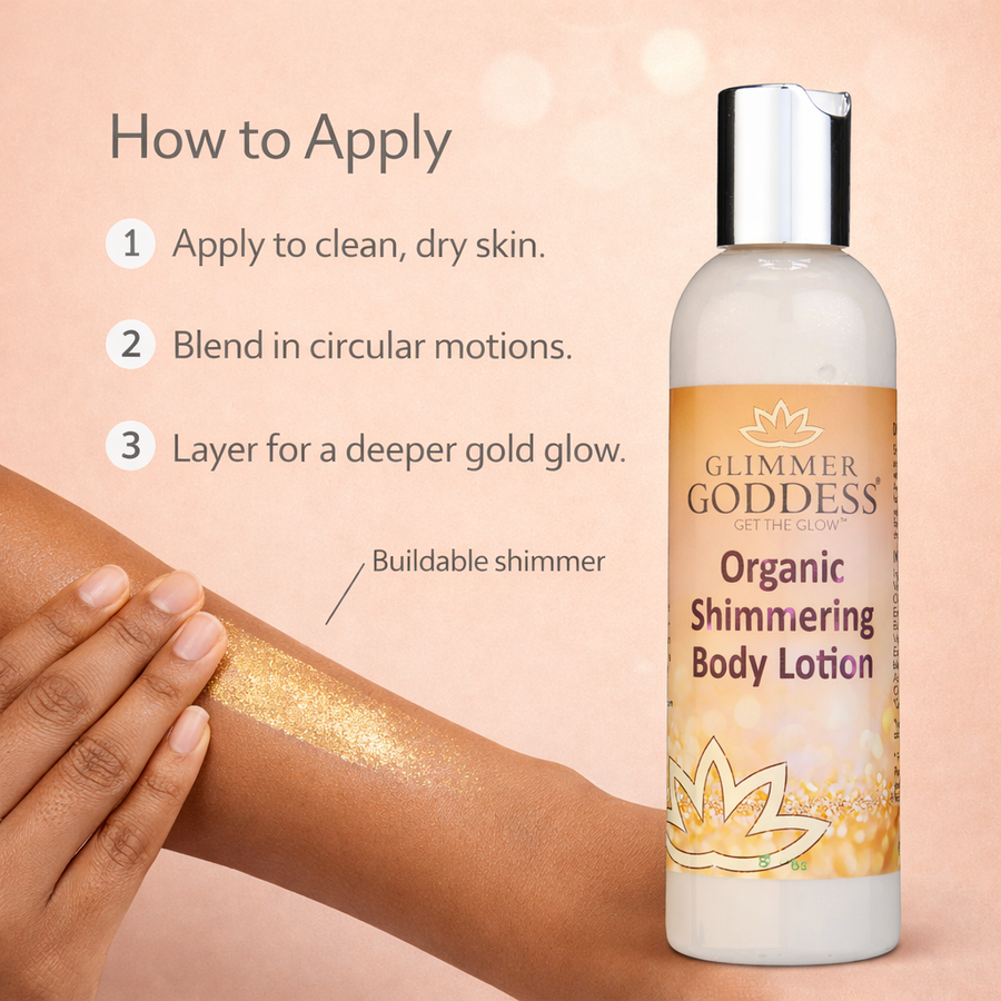 Organic Gold Shimmer Body Lotion – Buildable Luminous Glow - Glamourous Grace