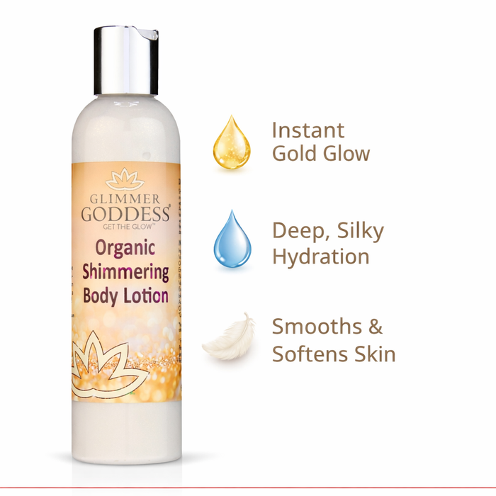 Organic Gold Shimmer Body Lotion – Buildable Luminous Glow - Glamourous Grace