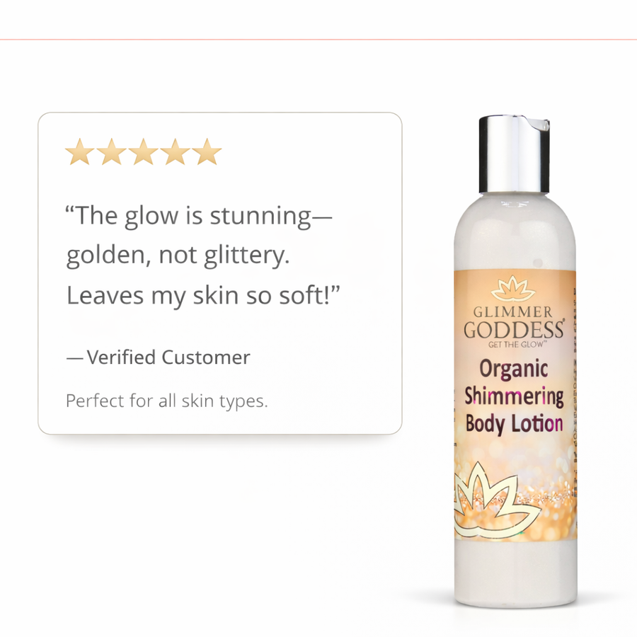 Organic Gold Shimmer Body Lotion – Buildable Luminous Glow - Glamourous Grace
