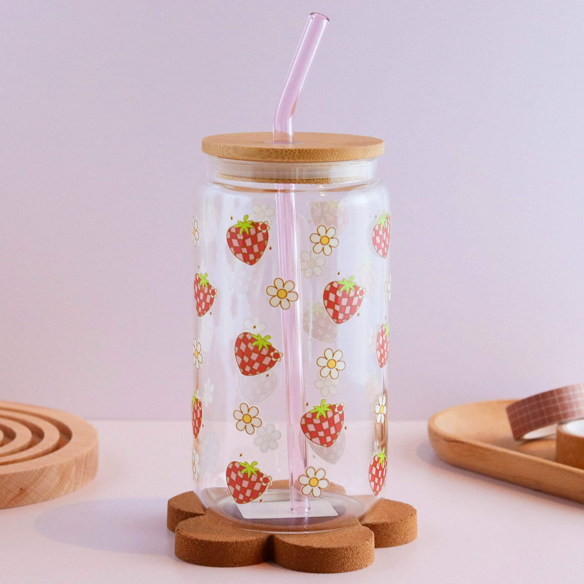 Groovy Strawberries and Daisies 16 oz Glass Cup Set - Glamourous Grace