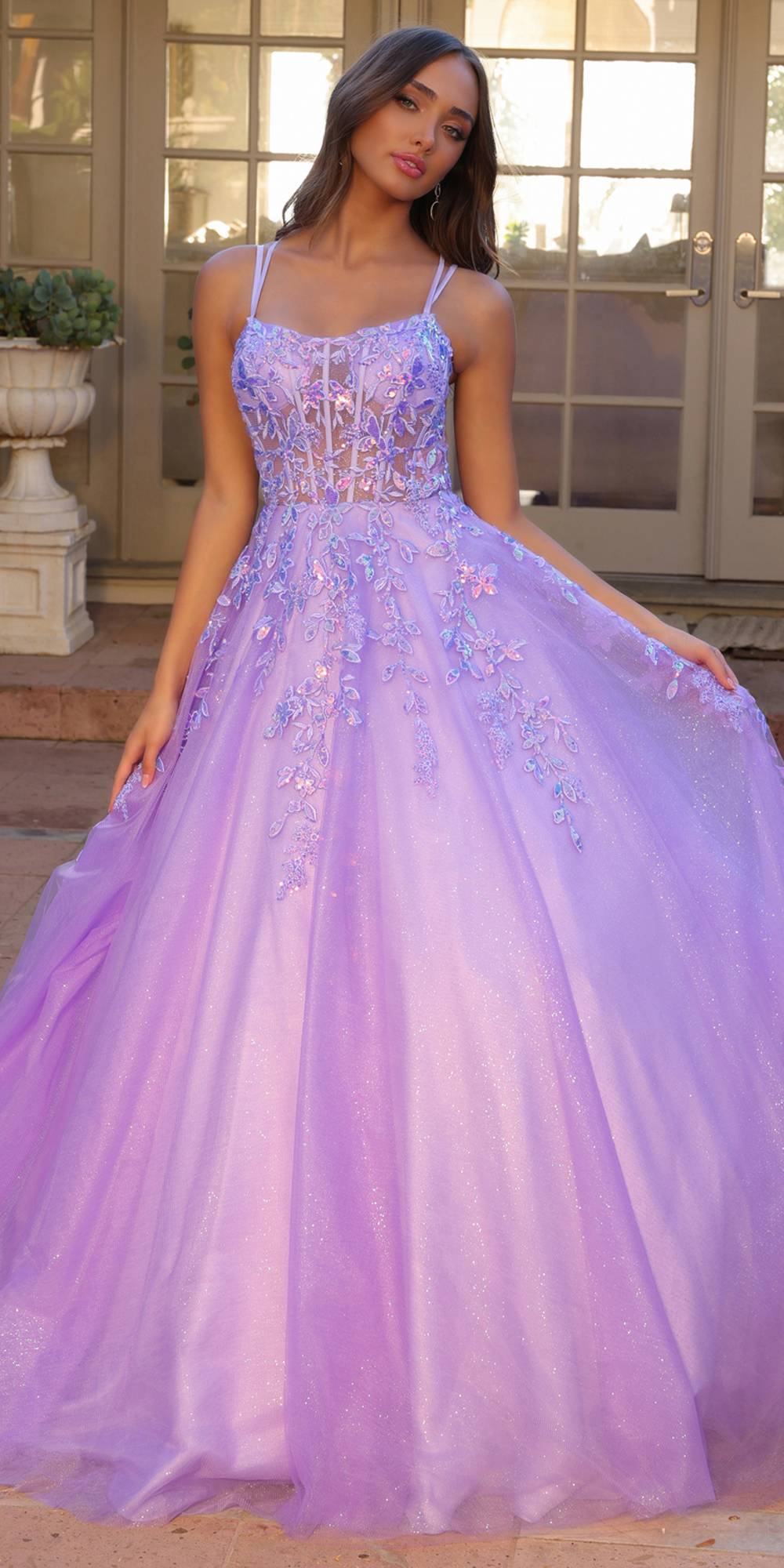 Nox Anabel H1271 Long Scoop Neckline Glitter Tulle A-Line Ballgown - Glamourous Grace