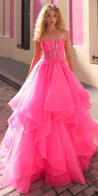 Nox Anabel H1351 Long A-Line Tiered Layered Ruffled Tulle Ballgown - Glamourous Grace