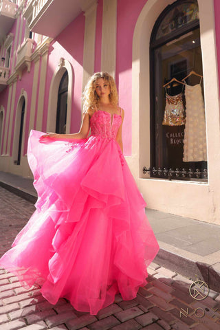 Nox Anabel H1351 Long A-Line Tiered Layered Ruffled Tulle Ballgown - Glamourous Grace