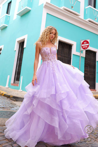 Nox Anabel H1351 Long A-Line Tiered Layered Ruffled Tulle Ballgown - Glamourous Grace
