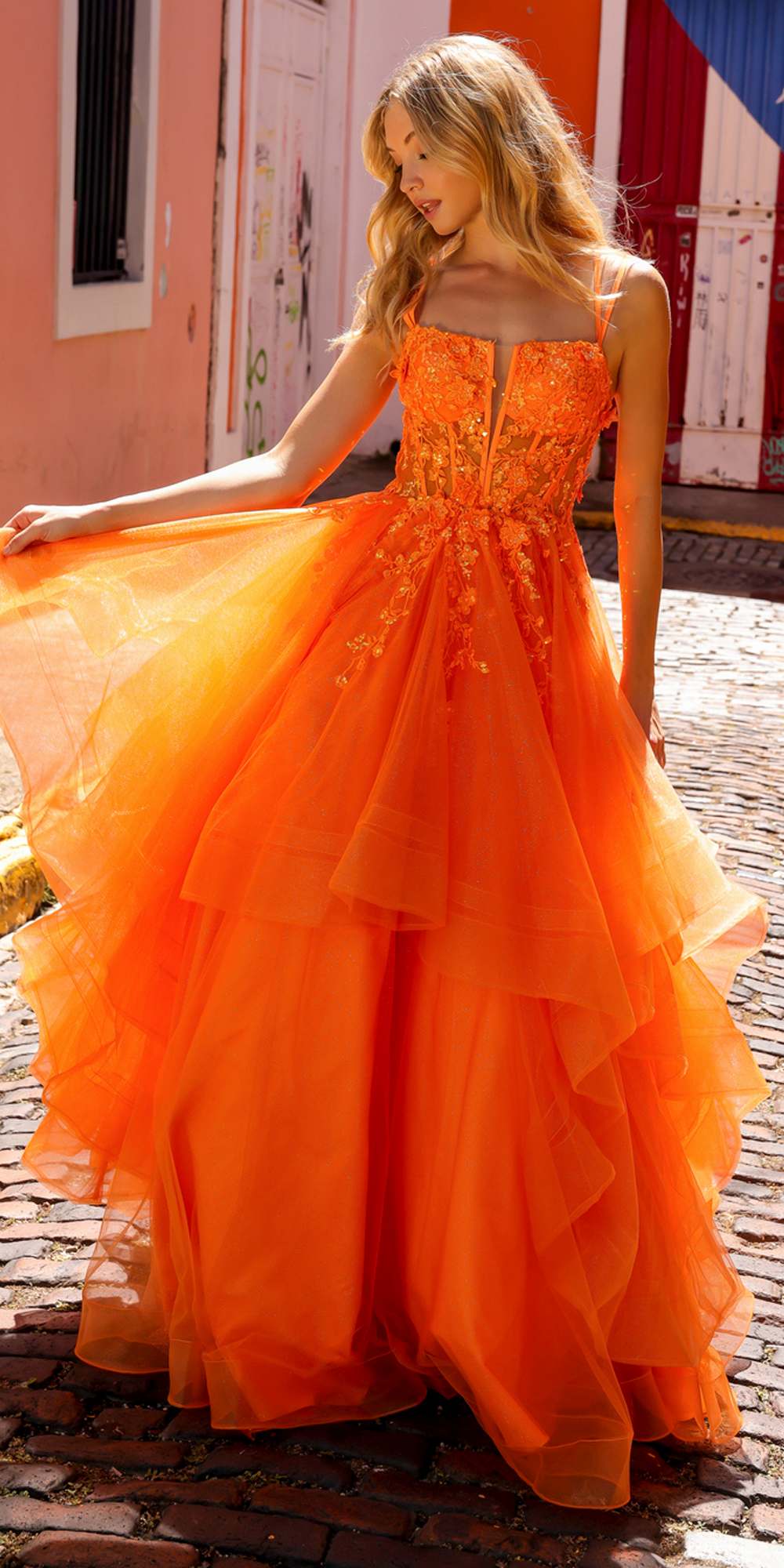Nox Anabel H1351 Long A-Line Tiered Layered Ruffled Tulle Ballgown - Glamourous Grace