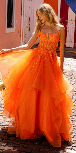 Nox Anabel H1351 Long A-Line Tiered Layered Ruffled Tulle Ballgown - Glamourous Grace