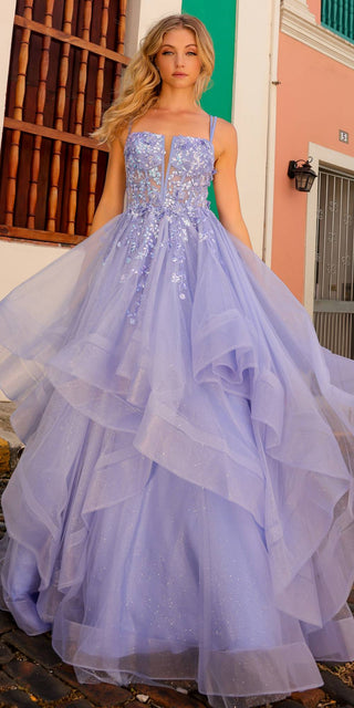 Nox Anabel H1351 Long A-Line Tiered Layered Ruffled Tulle Ballgown - Glamourous Grace