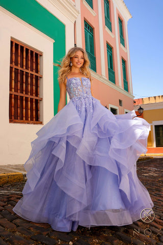 Nox Anabel H1351 Long A-Line Tiered Layered Ruffled Tulle Ballgown - Glamourous Grace