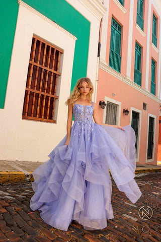 Nox Anabel H1351 Long A-Line Tiered Layered Ruffled Tulle Ballgown - Glamourous Grace