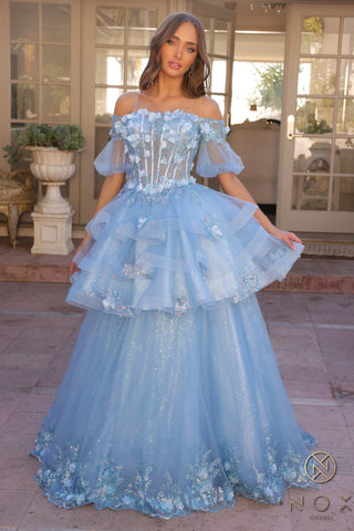Nox Anabel H1360 Off the Shoulder 3D Floral A-Line Gown Removable Skirt